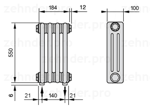 Схема (чертеж) Радиатор Zehnder Charleston 3055/4 №5310 Белый глянцевый RAL 9016